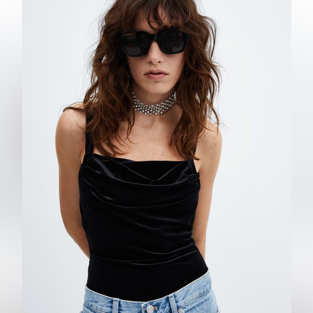 Mango Black Velvet Bodysuit: Size Medium